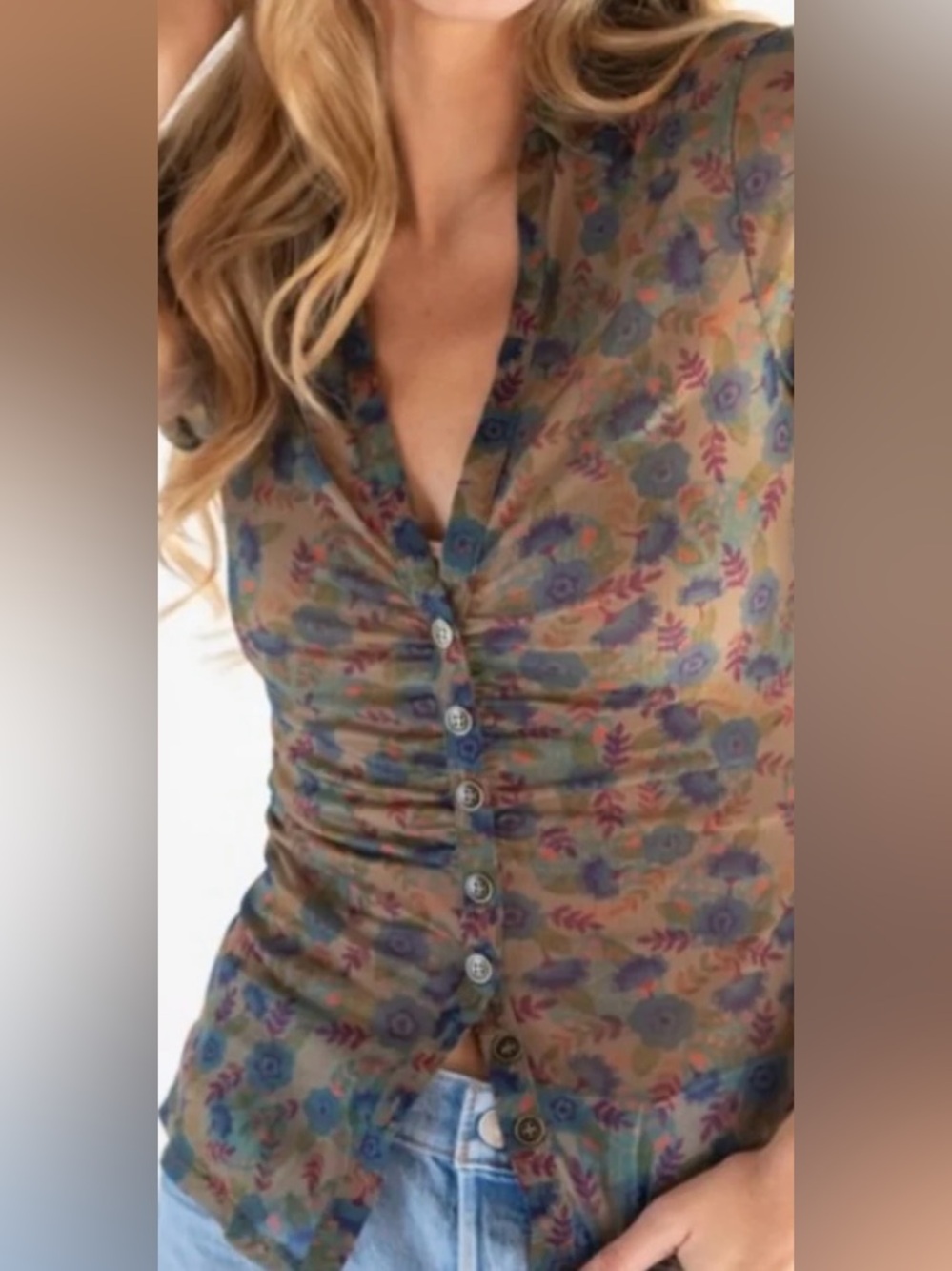 Natural Life Dark Multicolor Floral Mesh Ruched Button-Front Blouse - Size XL